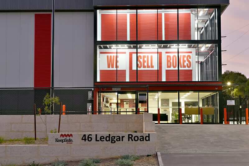 Outside view of box shop and sign with address at balcatta