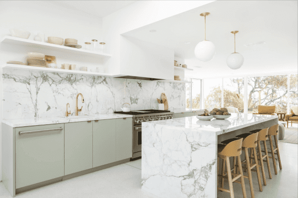 a kitchen made out of terrazzo tiles